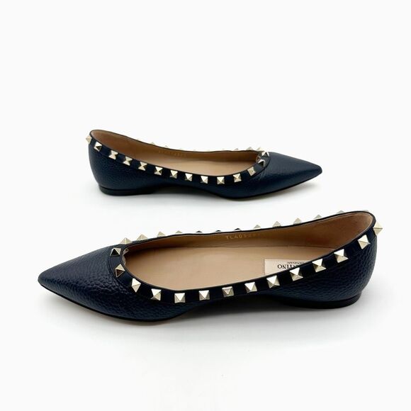 VALENTINO Rockstud Navy Blue Flat Size 37.5 Pointed Toe Leather Gold Stud - Picture 3 of 12